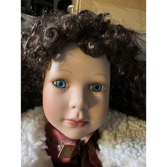 -DOLL PORCELAIN swan collection Long Brown Curly Hair Blue Eyes 21” - Picture 7 of 13